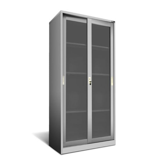 Armario metálico de puertas corredizas de vidrio.